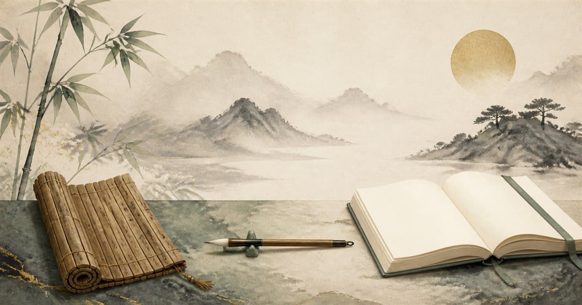Ink-wash landscape with a bamboo manuscript, writing brush, and open notebook